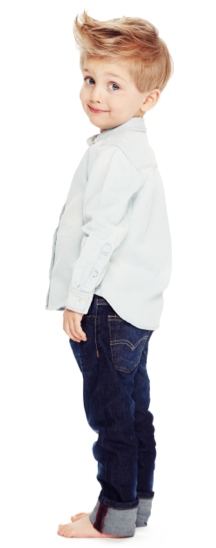 Full length profile of standing child with bare feet and flipped up hair