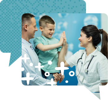 Man carrying child who is high-fiving a health care provider